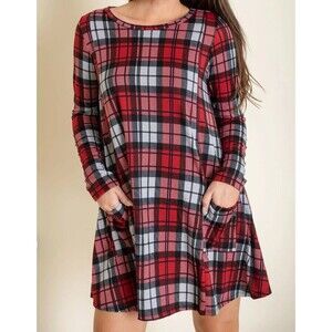 Egs California Womens M Red Grey Plaid L/S A-Line Mini Dress Tunic Top USA Made